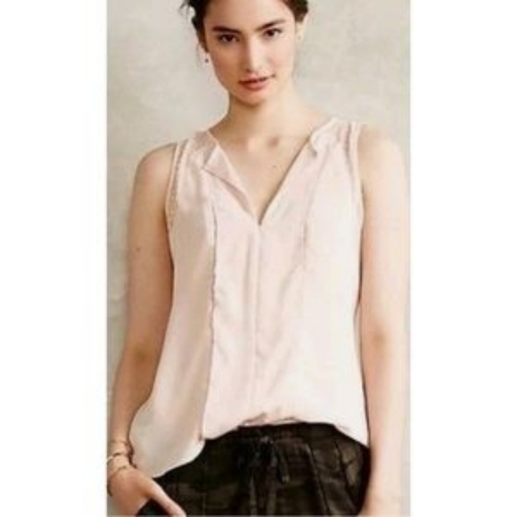 Maeve Anthropologie Pastel Pink Mesh Lace Panel Tank Top Shell Blouse Office - Picture 2 of 12